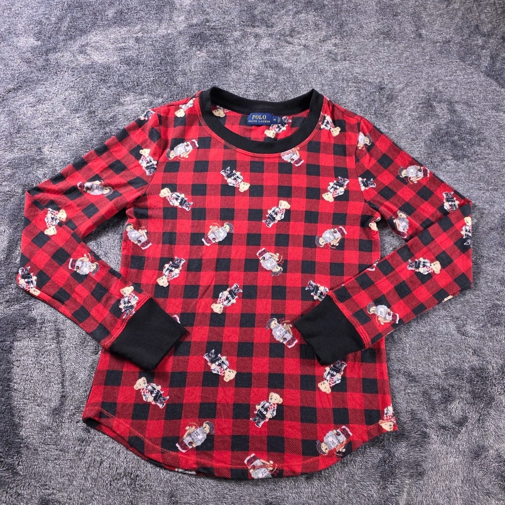 Ralph Lauren Polo Bear Buffalo Check Sleep Shirt Womens XL Red Black Long Sleeve